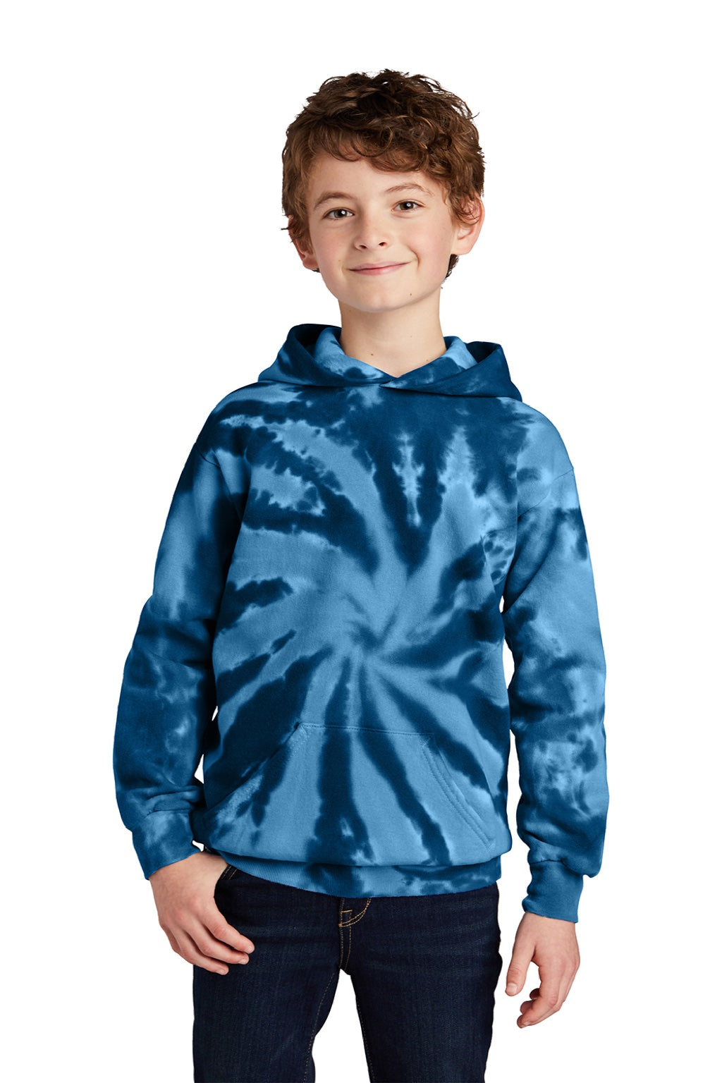 Port & Company PC146Y Youth Tie-Dye Fleece Hooded Sweatshirt Hoodie w/ Pouch Pocket Navy Blue Model Front