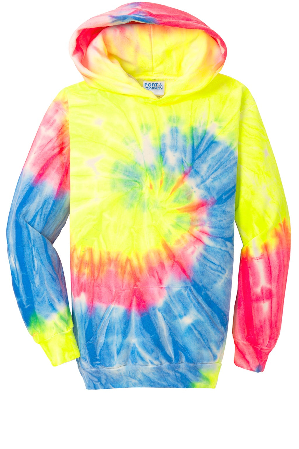 Port & Company PC146Y Youth Tie-Dye Fleece Hooded Sweatshirt Hoodie w/ Pouch Pocket Neon Rainbow Flat Front