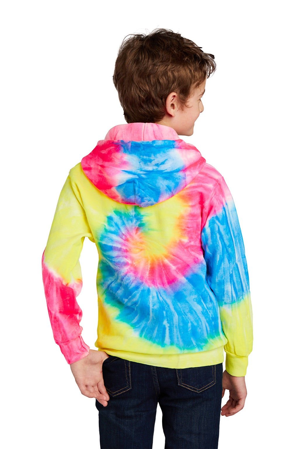 Port & Company PC146Y Youth Tie-Dye Fleece Hooded Sweatshirt Hoodie w/ Pouch Pocket Neon Rainbow Model Back