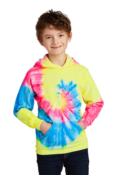 Port & Company PC146Y Youth Tie-Dye Fleece Hooded Sweatshirt Hoodie w/ Pouch Pocket Neon Rainbow Model Front