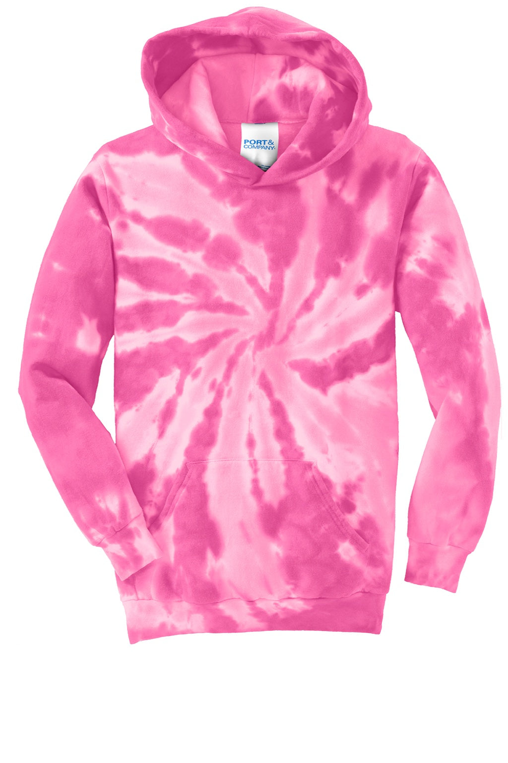 Port & Company PC146Y Youth Tie-Dye Fleece Hooded Sweatshirt Hoodie w/ Pouch Pocket Pink Flat Front