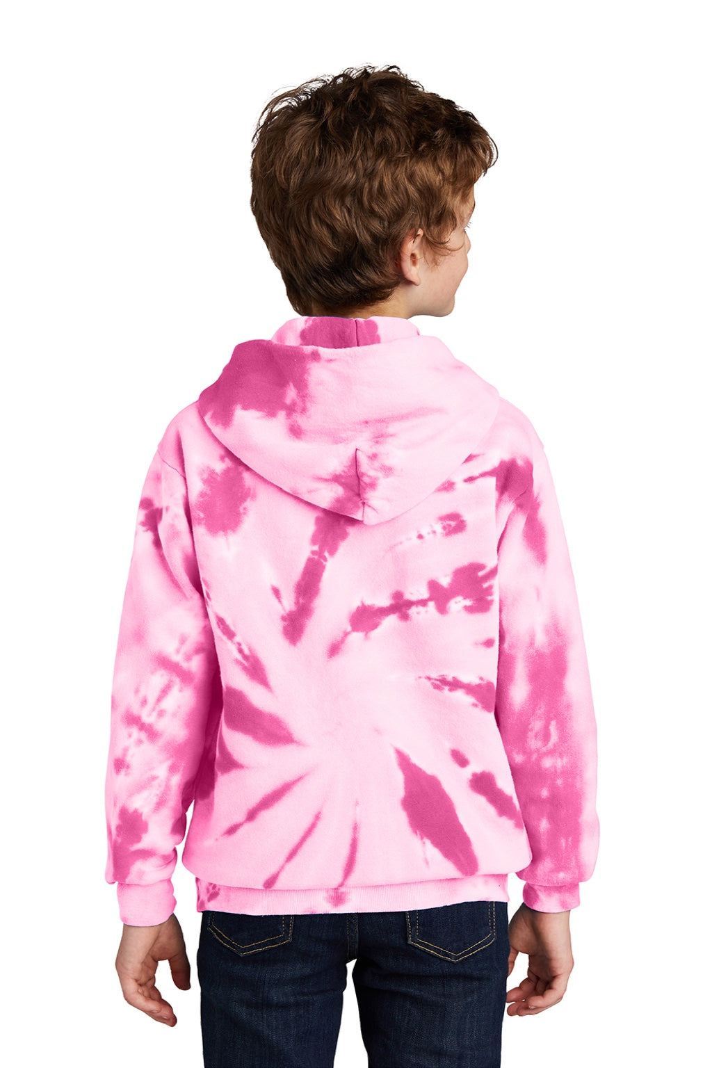 Port & Company PC146Y Youth Tie-Dye Fleece Hooded Sweatshirt Hoodie w/ Pouch Pocket Pink Model Back