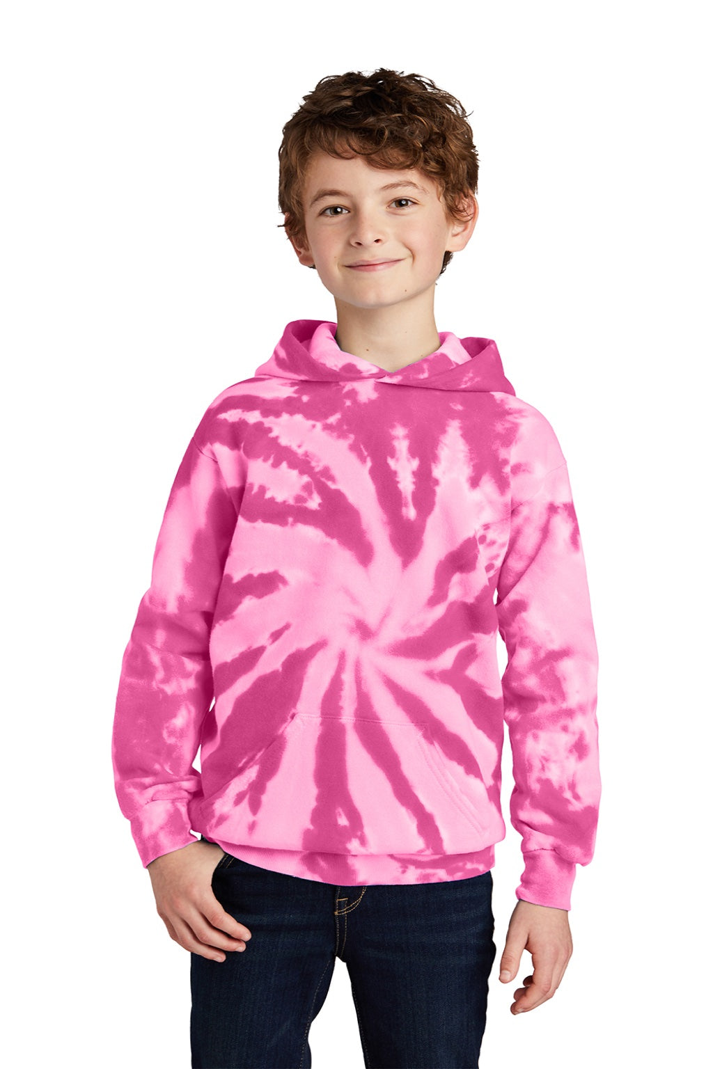 Port & Company PC146Y Youth Tie-Dye Fleece Hooded Sweatshirt Hoodie w/ Pouch Pocket Pink Model Front