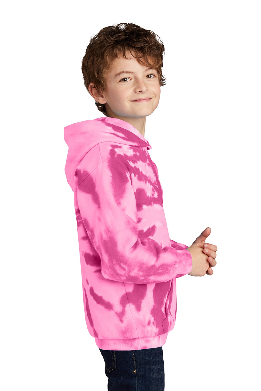 Port & Company PC146Y Youth Tie-Dye Fleece Hooded Sweatshirt Hoodie w/ Pouch Pocket Pink Model Side