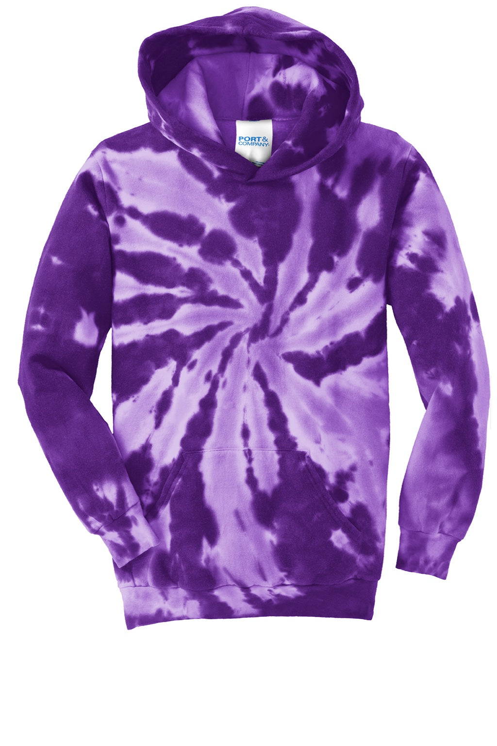Port & Company PC146Y Youth Tie-Dye Fleece Hooded Sweatshirt Hoodie w/ Pouch Pocket Purple Flat Front