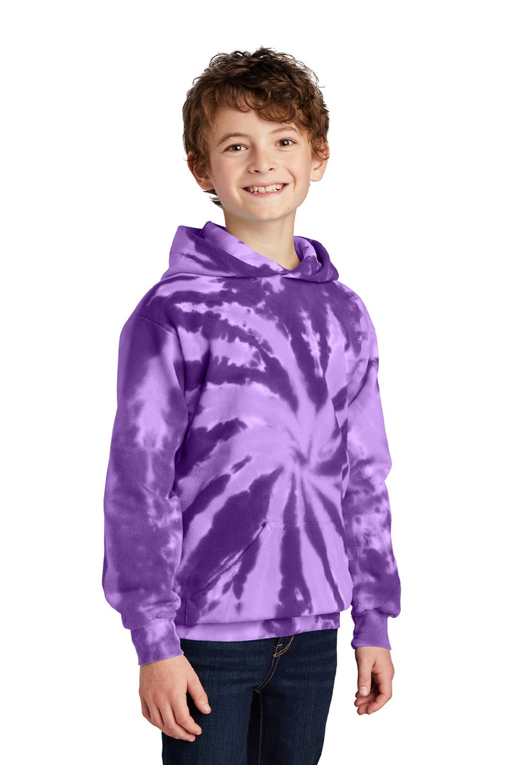 Port & Company PC146Y Youth Tie-Dye Fleece Hooded Sweatshirt Hoodie w/ Pouch Pocket Purple Model 3q