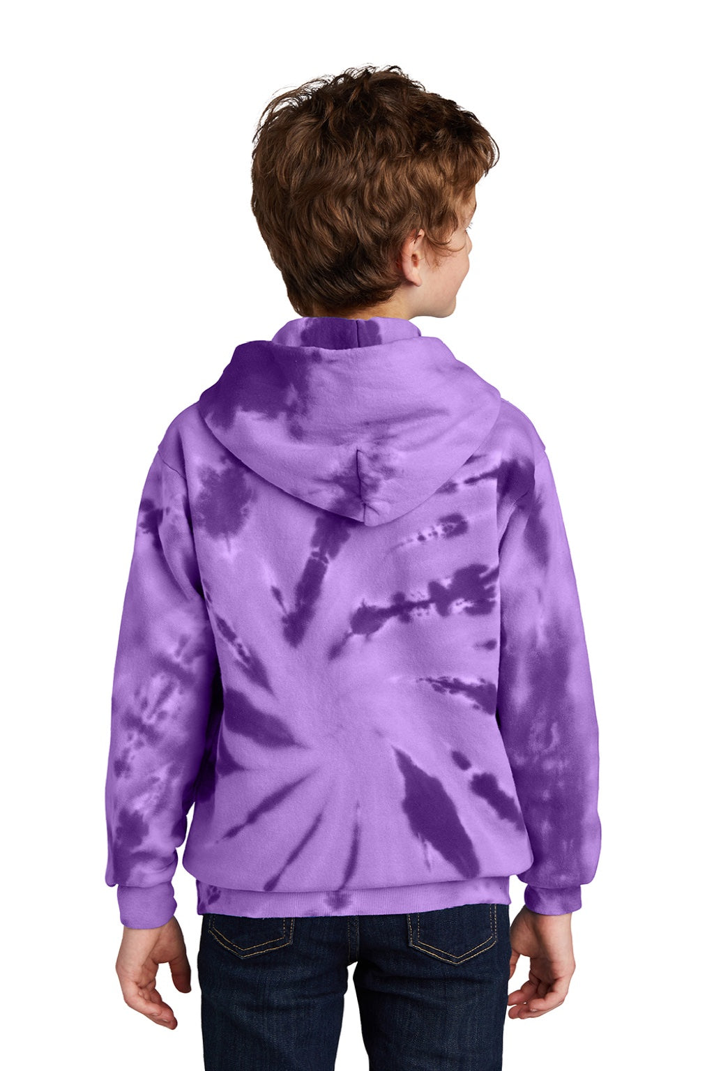 Port & Company PC146Y Youth Tie-Dye Fleece Hooded Sweatshirt Hoodie w/ Pouch Pocket Purple Model Back