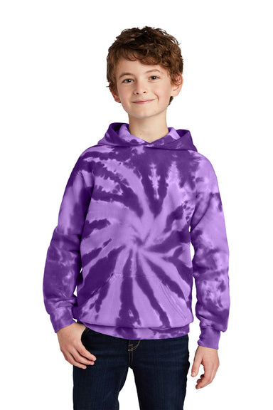 Port & Company PC146Y Youth Tie-Dye Fleece Hooded Sweatshirt Hoodie w/ Pouch Pocket Purple Model Front