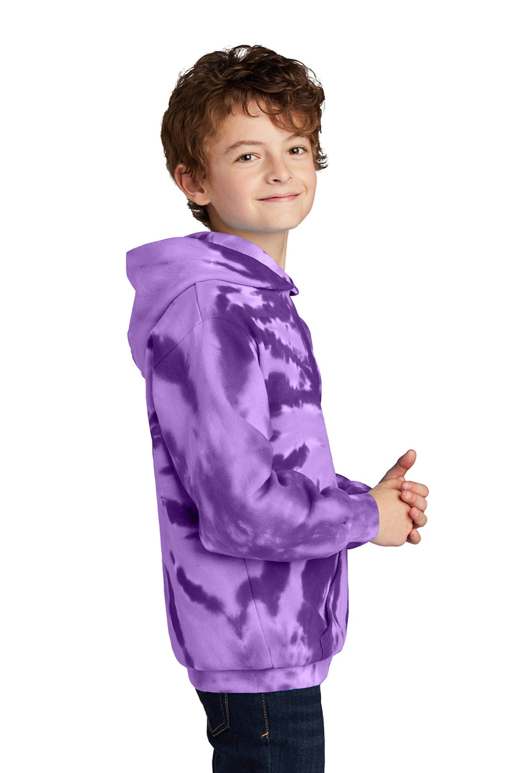 Port & Company PC146Y Youth Tie-Dye Fleece Hooded Sweatshirt Hoodie w/ Pouch Pocket Purple Model Side