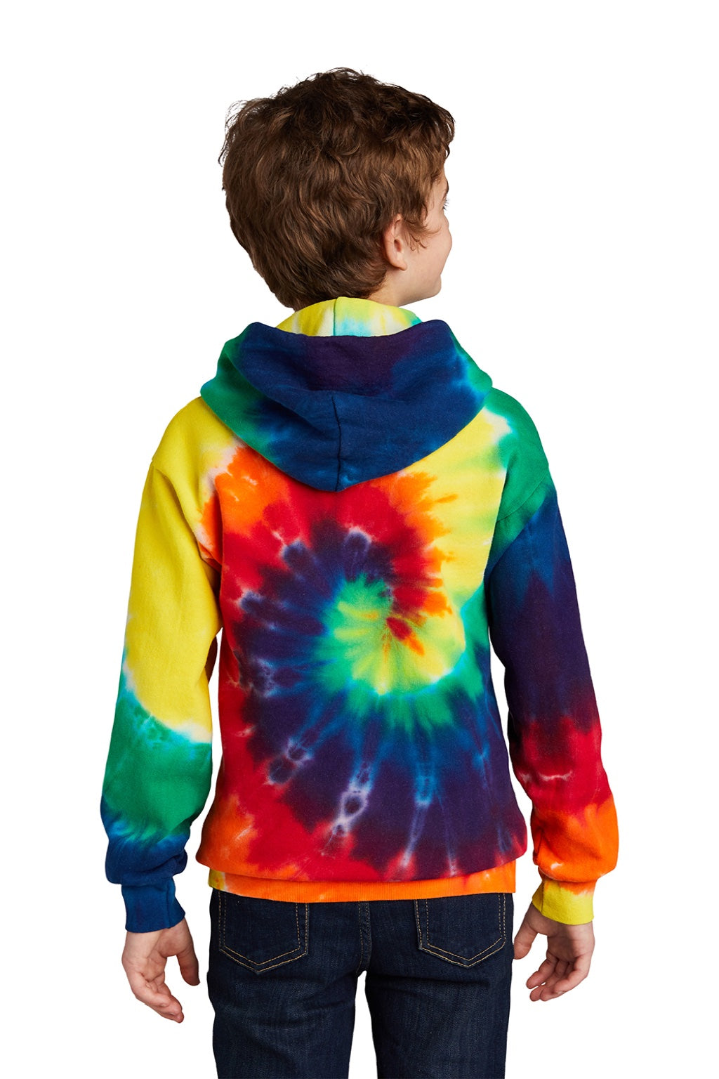 Port & Company PC146Y Youth Tie-Dye Fleece Hooded Sweatshirt Hoodie w/ Pouch Pocket Rainbow Model Back