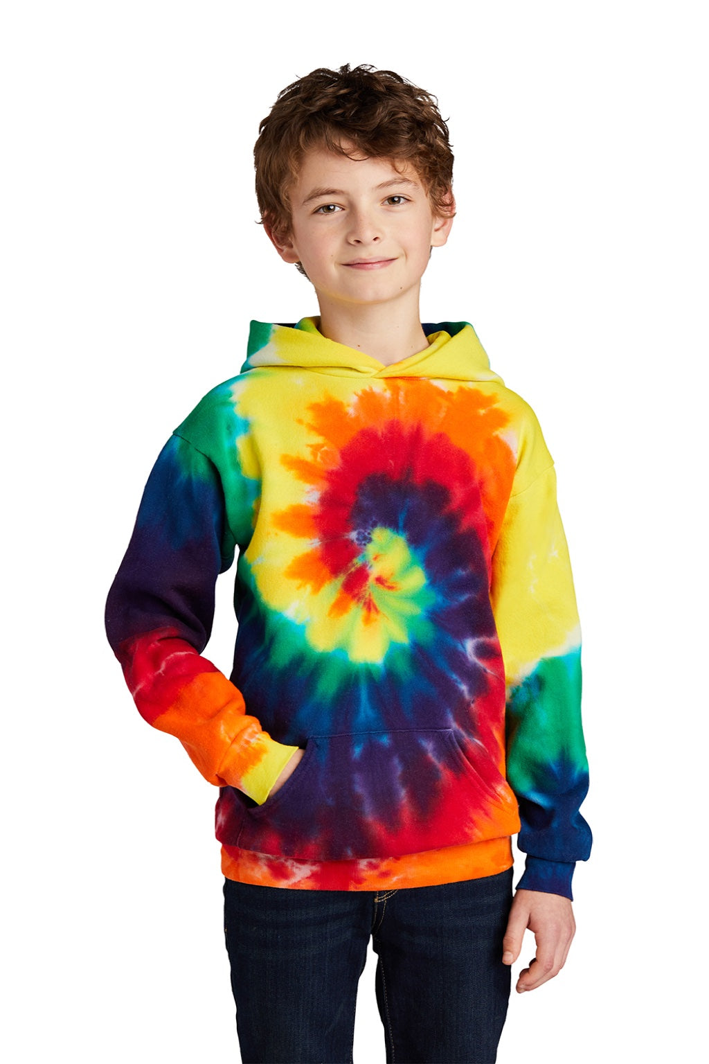 Port & Company PC146Y Youth Tie-Dye Fleece Hooded Sweatshirt Hoodie w/ Pouch Pocket Rainbow Model Front