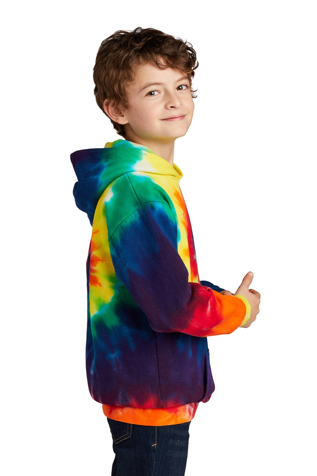 Port & Company PC146Y Youth Tie-Dye Fleece Hooded Sweatshirt Hoodie w/ Pouch Pocket Rainbow Model Side