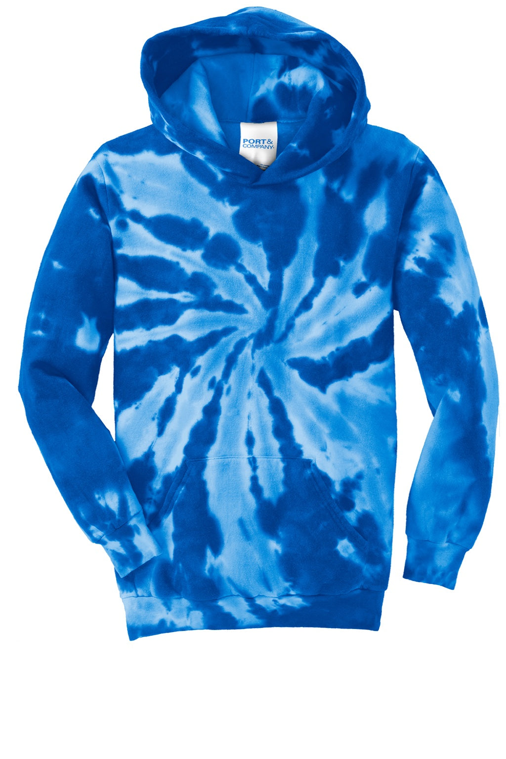 Port & Company PC146Y Youth Tie-Dye Fleece Hooded Sweatshirt Hoodie w/ Pouch Pocket Royal Blue Flat Front