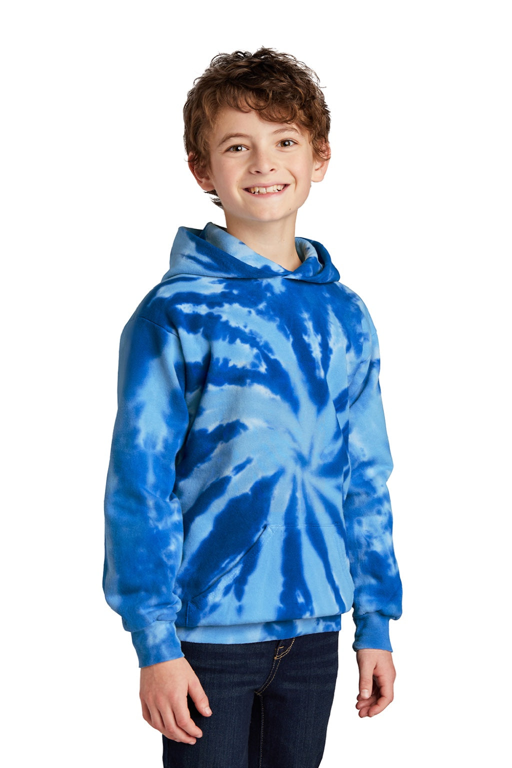 Port & Company PC146Y Youth Tie-Dye Fleece Hooded Sweatshirt Hoodie w/ Pouch Pocket Royal Blue Model 3q