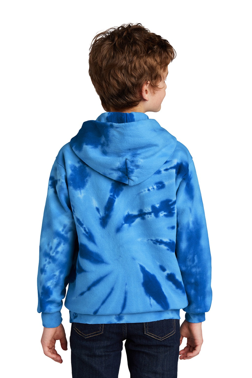 Port & Company PC146Y Youth Tie-Dye Fleece Hooded Sweatshirt Hoodie w/ Pouch Pocket Royal Blue Model Back
