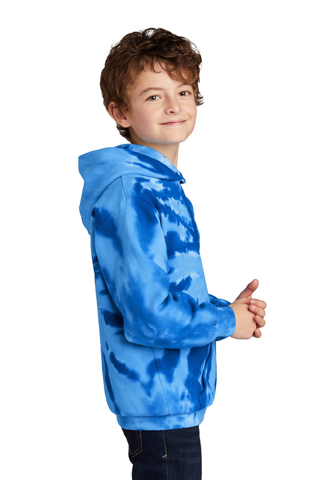 Port & Company PC146Y Youth Tie-Dye Fleece Hooded Sweatshirt Hoodie w/ Pouch Pocket Royal Blue Model Side