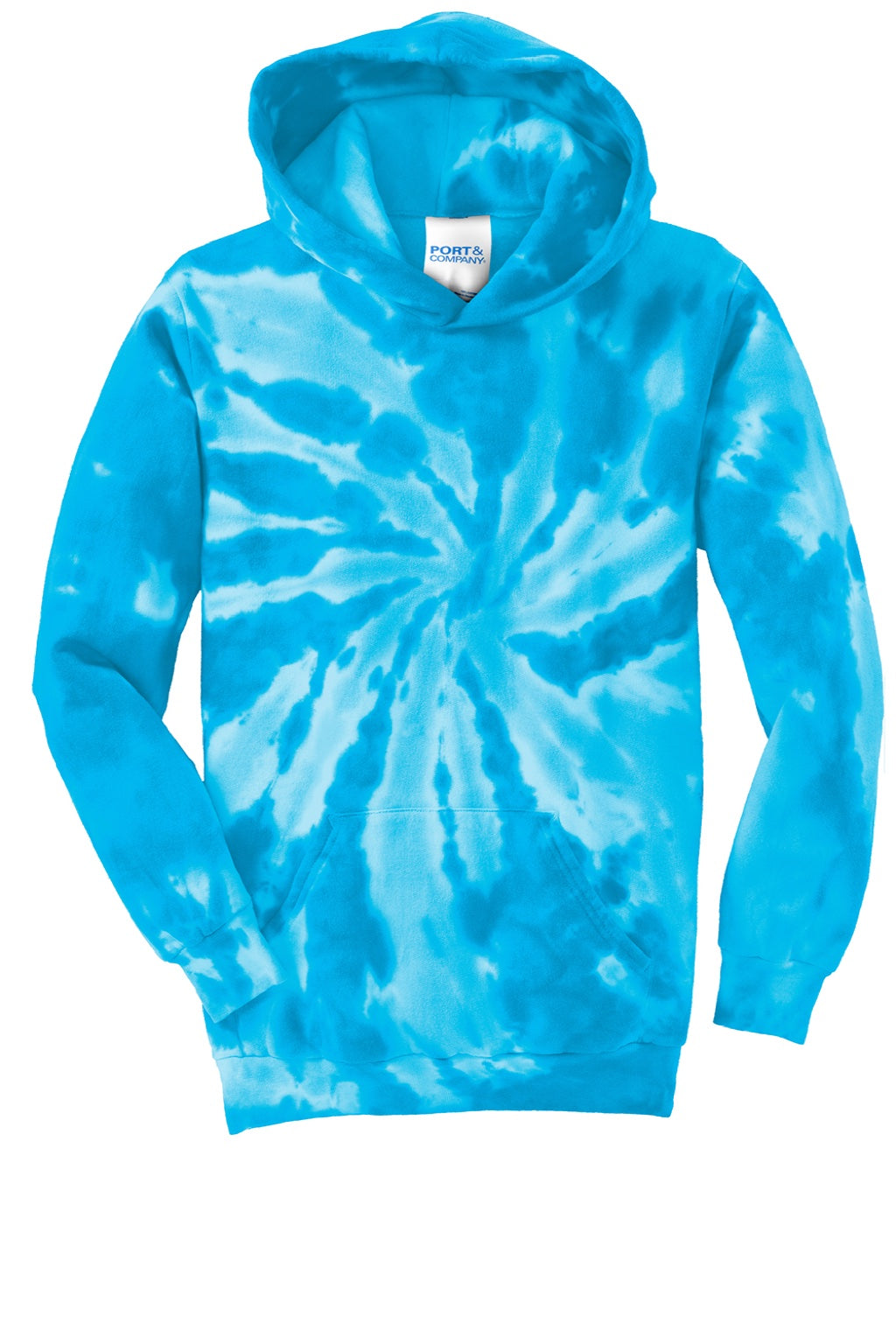 Port & Company PC146Y Youth Tie-Dye Fleece Hooded Sweatshirt Hoodie w/ Pouch Pocket Turquoise Blue Flat Front