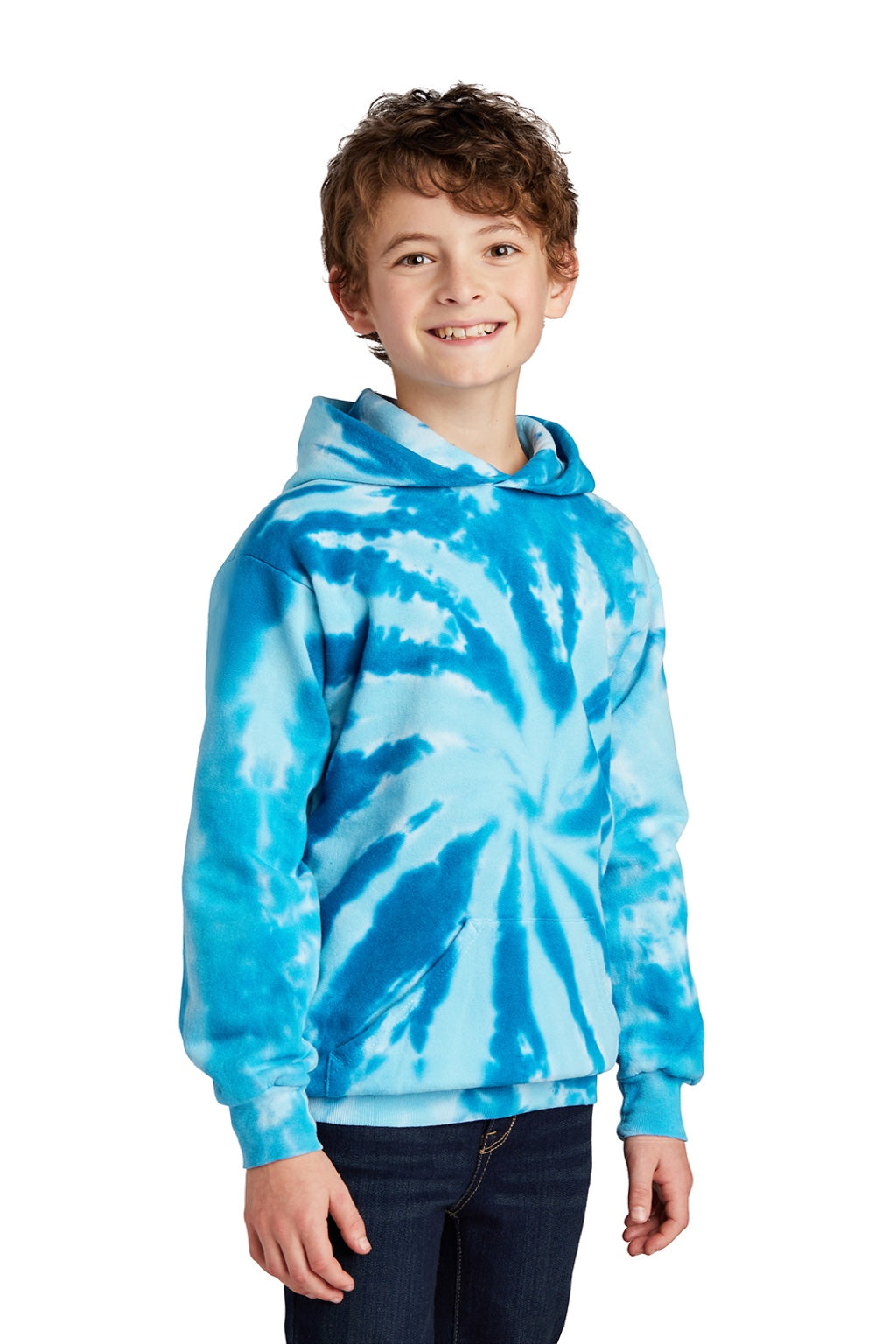 Port & Company PC146Y Youth Tie-Dye Fleece Hooded Sweatshirt Hoodie w/ Pouch Pocket Turquoise Blue Model 3q