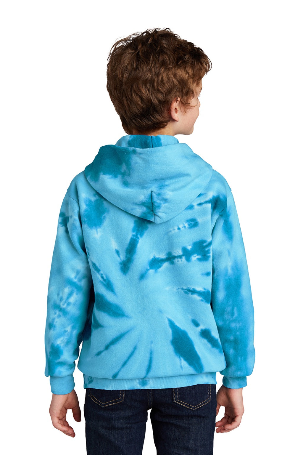 Port & Company PC146Y Youth Tie-Dye Fleece Hooded Sweatshirt Hoodie w/ Pouch Pocket Turquoise Blue Model Back