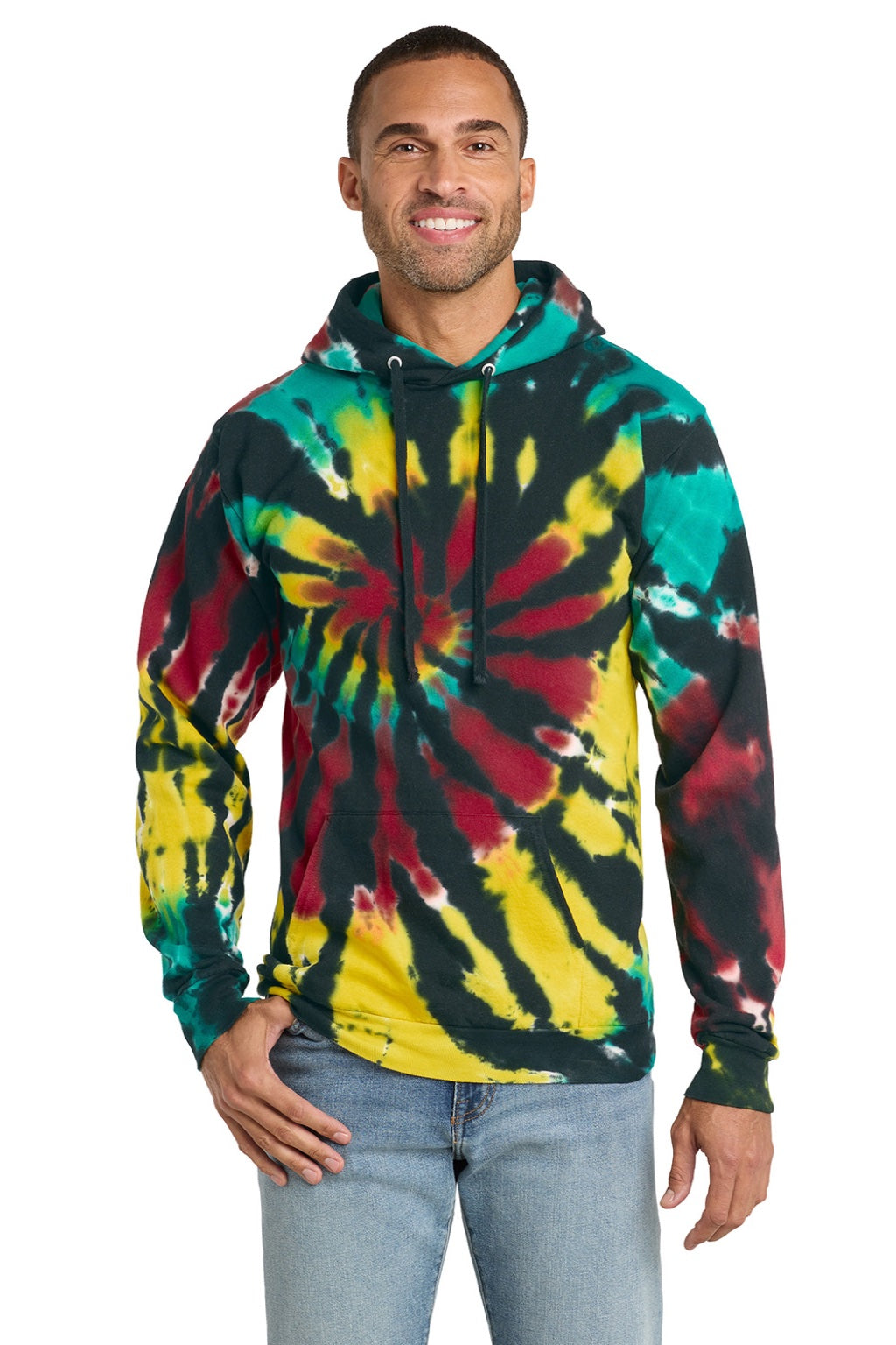 Port & Company PC146 Mens Tie-Dye Fleece Hooded Sweatshirt Hoodie w/ Pouch Pocket Island Spiral Model Front