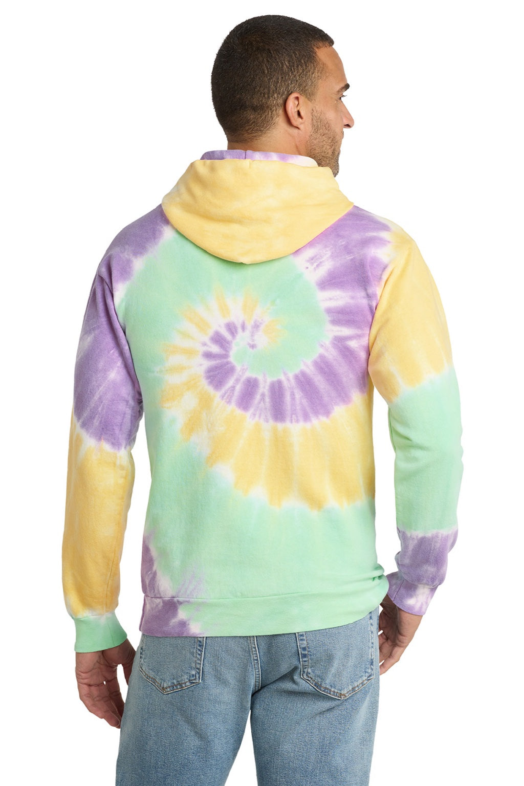 Port & Company PC146 Mens Tie-Dye Fleece Hooded Sweatshirt Hoodie w/ Pouch Pocket Mint Rainbow Model Back