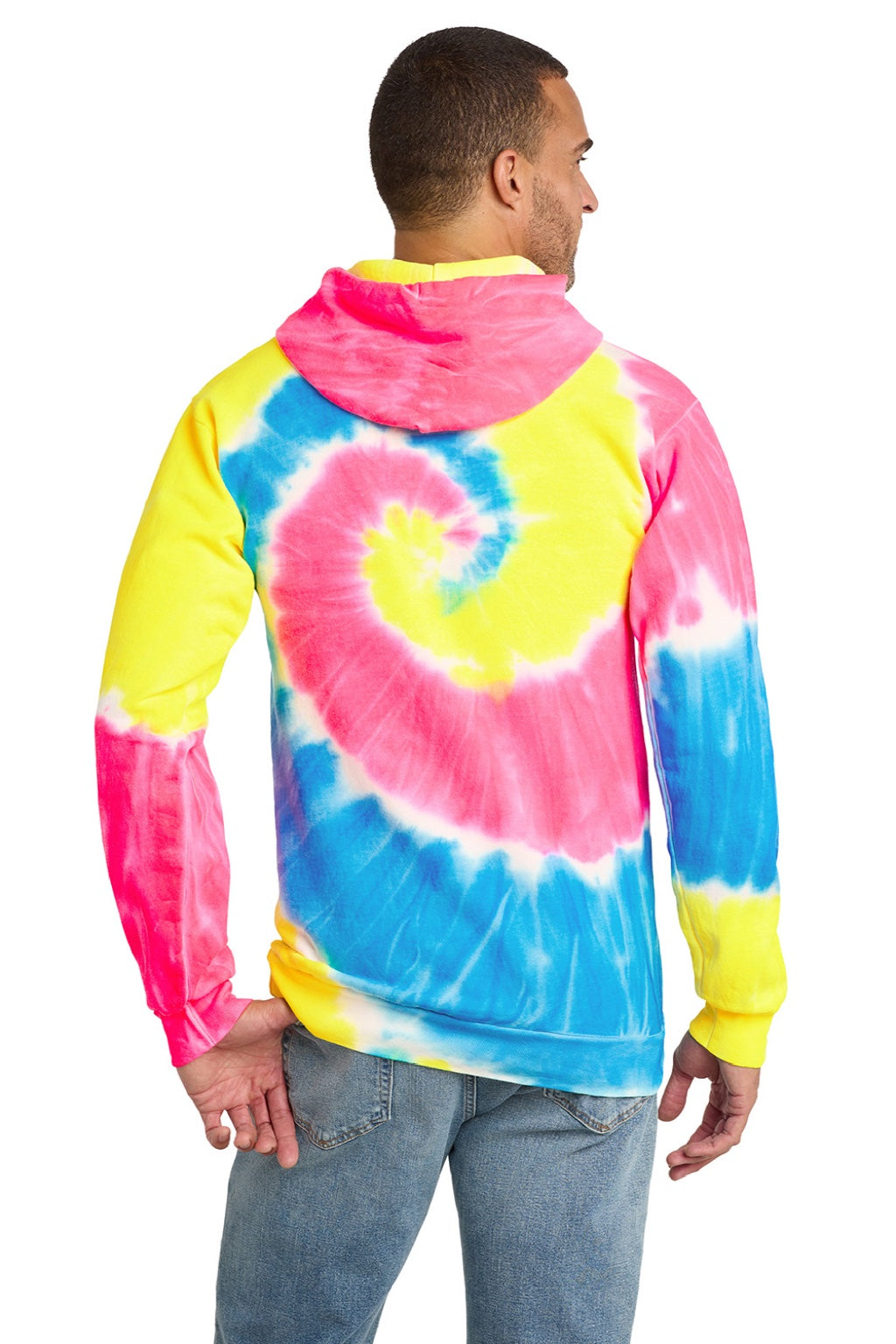 Port & Company PC146 Mens Tie-Dye Fleece Hooded Sweatshirt Hoodie w/ Pouch Pocket Neon Rainbow Model Back