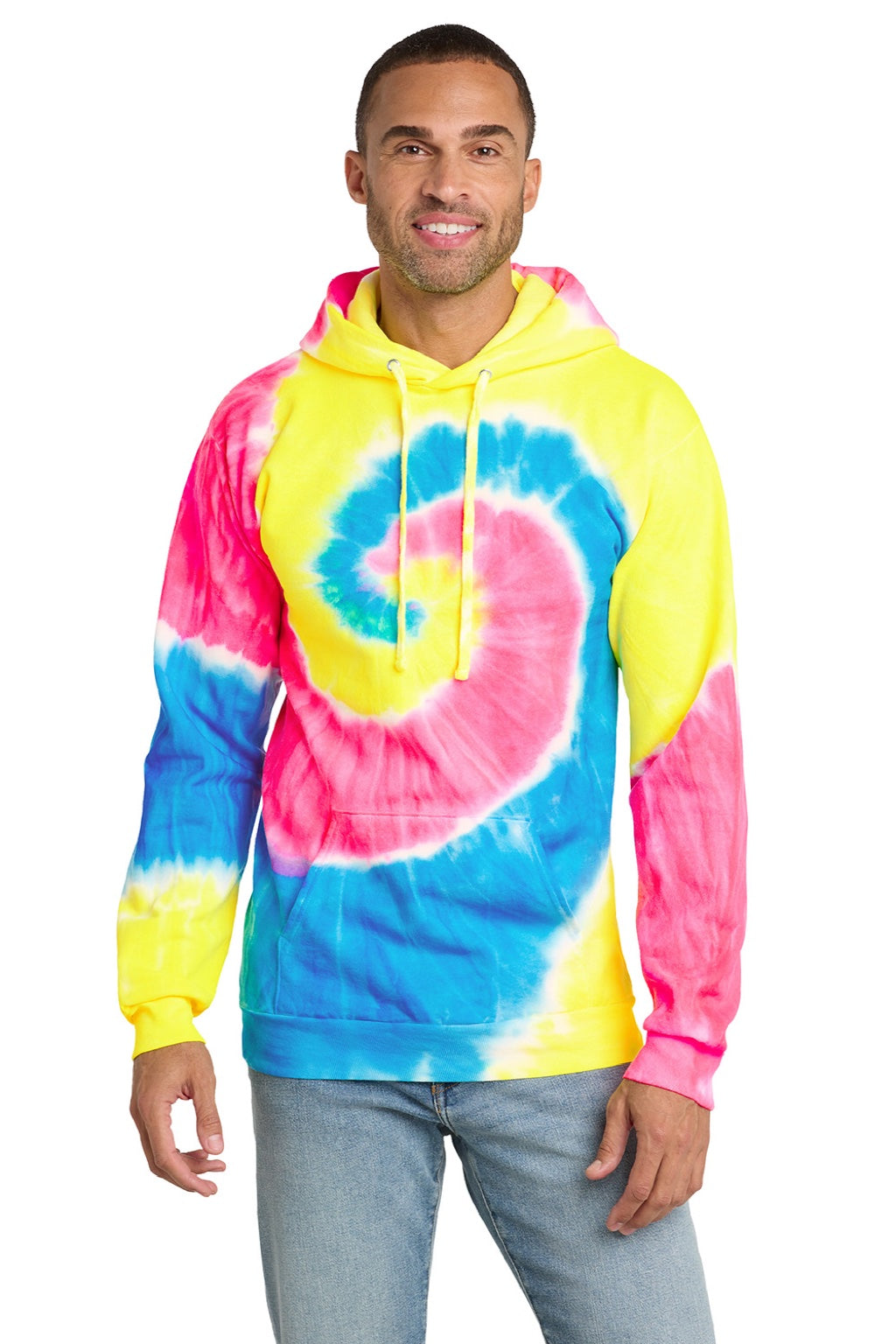 Port & Company PC146 Mens Tie-Dye Fleece Hooded Sweatshirt Hoodie w/ Pouch Pocket Neon Rainbow Model Front