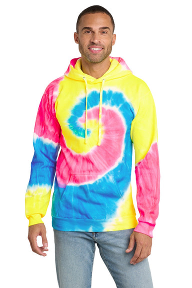 Port & Company PC146 Mens Tie-Dye Fleece Hooded Sweatshirt Hoodie w/ Pouch Pocket Neon Rainbow Model Front