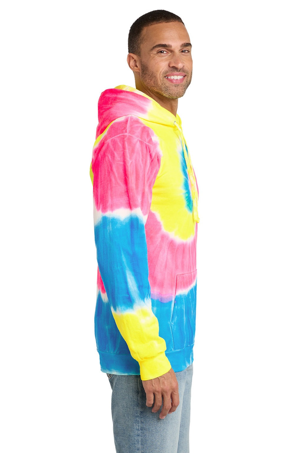 Port & Company PC146 Mens Tie-Dye Fleece Hooded Sweatshirt Hoodie w/ Pouch Pocket Neon Rainbow Model Side