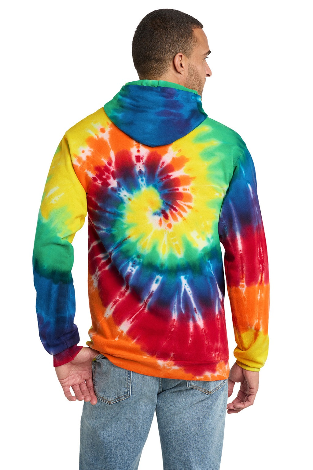 Port & Company PC146 Mens Tie-Dye Fleece Hooded Sweatshirt Hoodie w/ Pouch Pocket Rainbow Model Back