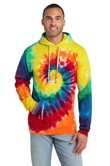 Port & Company PC146 Mens Tie-Dye Fleece Hooded Sweatshirt Hoodie w/ Pouch Pocket Rainbow Model Front