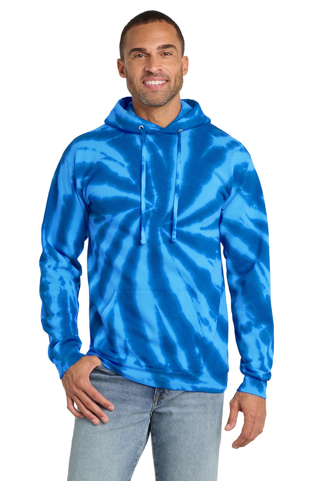Port & Company PC146 Mens Tie-Dye Fleece Hooded Sweatshirt Hoodie w/ Pouch Pocket Royal Blue Model Front