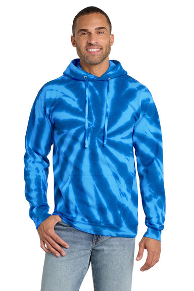 Port & Company PC146 Mens Tie-Dye Fleece Hooded Sweatshirt Hoodie w/ Pouch Pocket Royal Blue Model Front