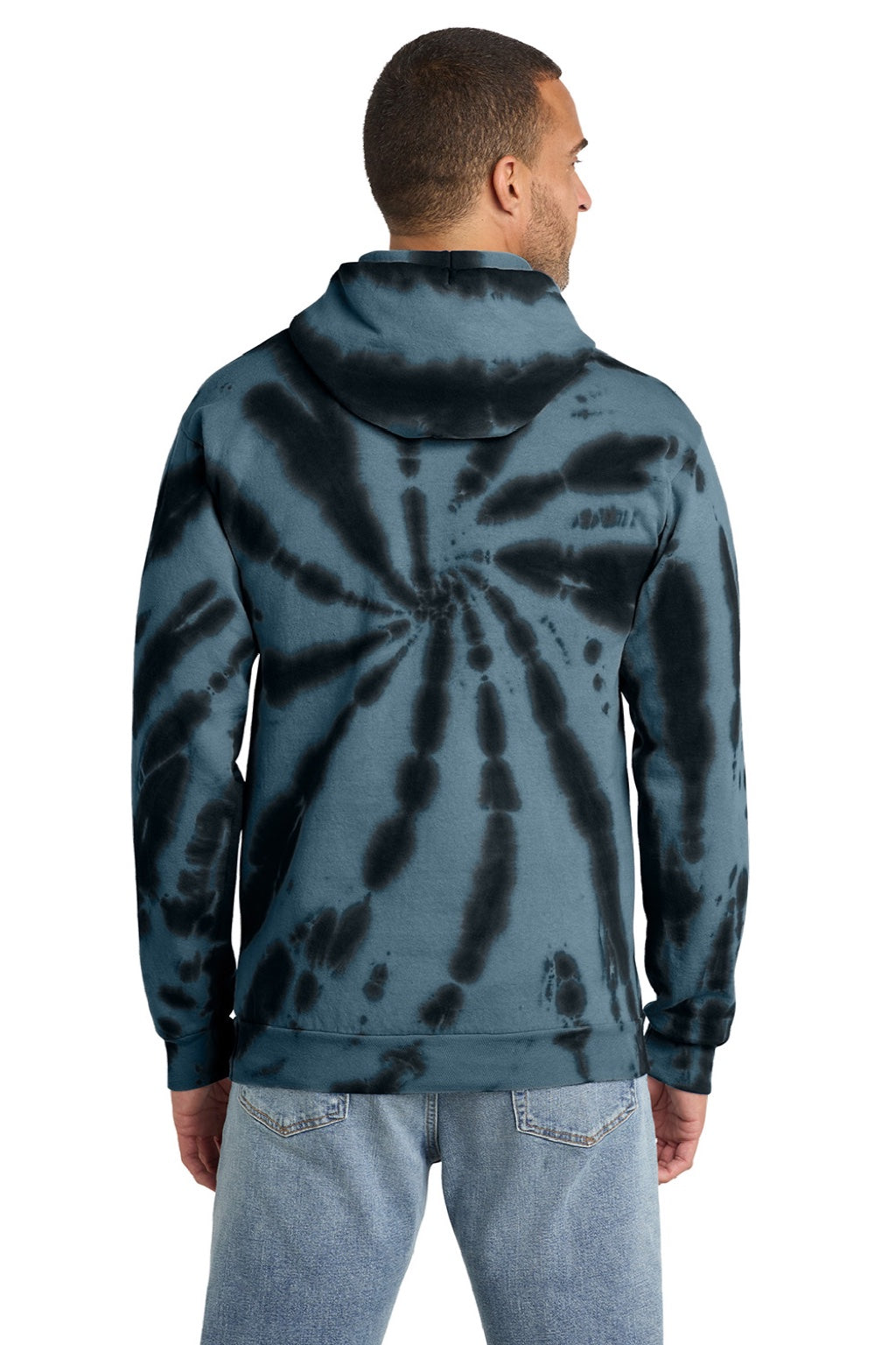 Port & Company PC146 Mens Tie-Dye Fleece Hooded Sweatshirt Hoodie w/ Pouch Pocket Black Model Back