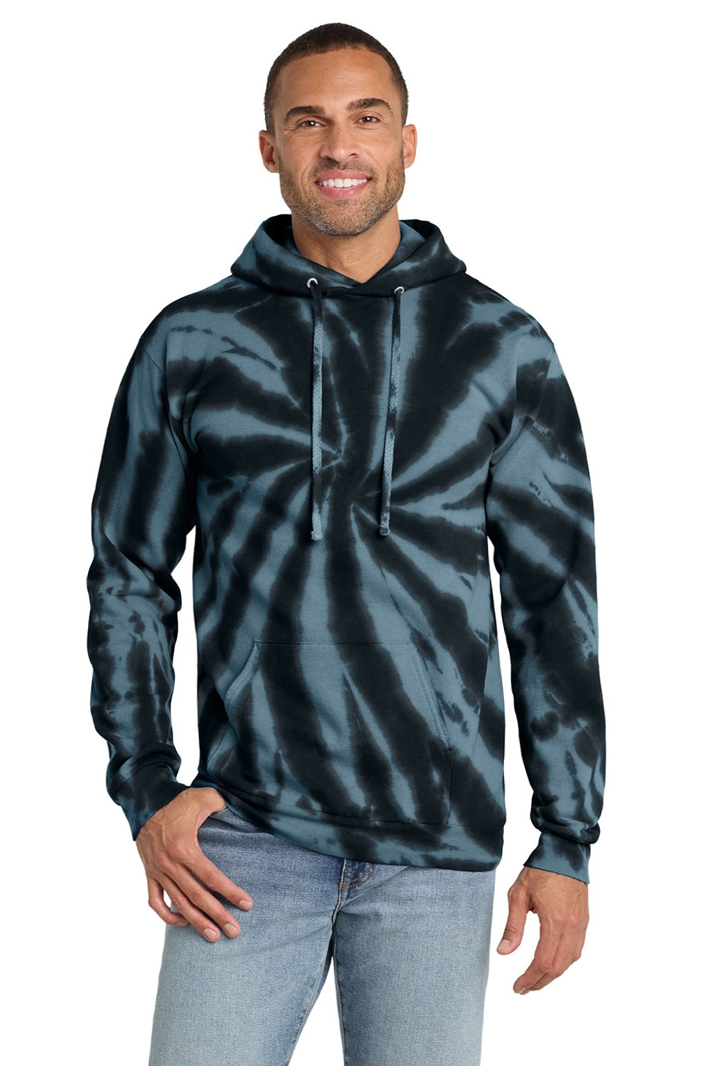 Port & Company PC146 Mens Tie-Dye Fleece Hooded Sweatshirt Hoodie w/ Pouch Pocket Black Model Front