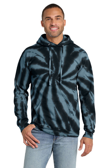 Port & Company PC146 Mens Tie-Dye Fleece Hooded Sweatshirt Hoodie w/ Pouch Pocket Black Model Front
