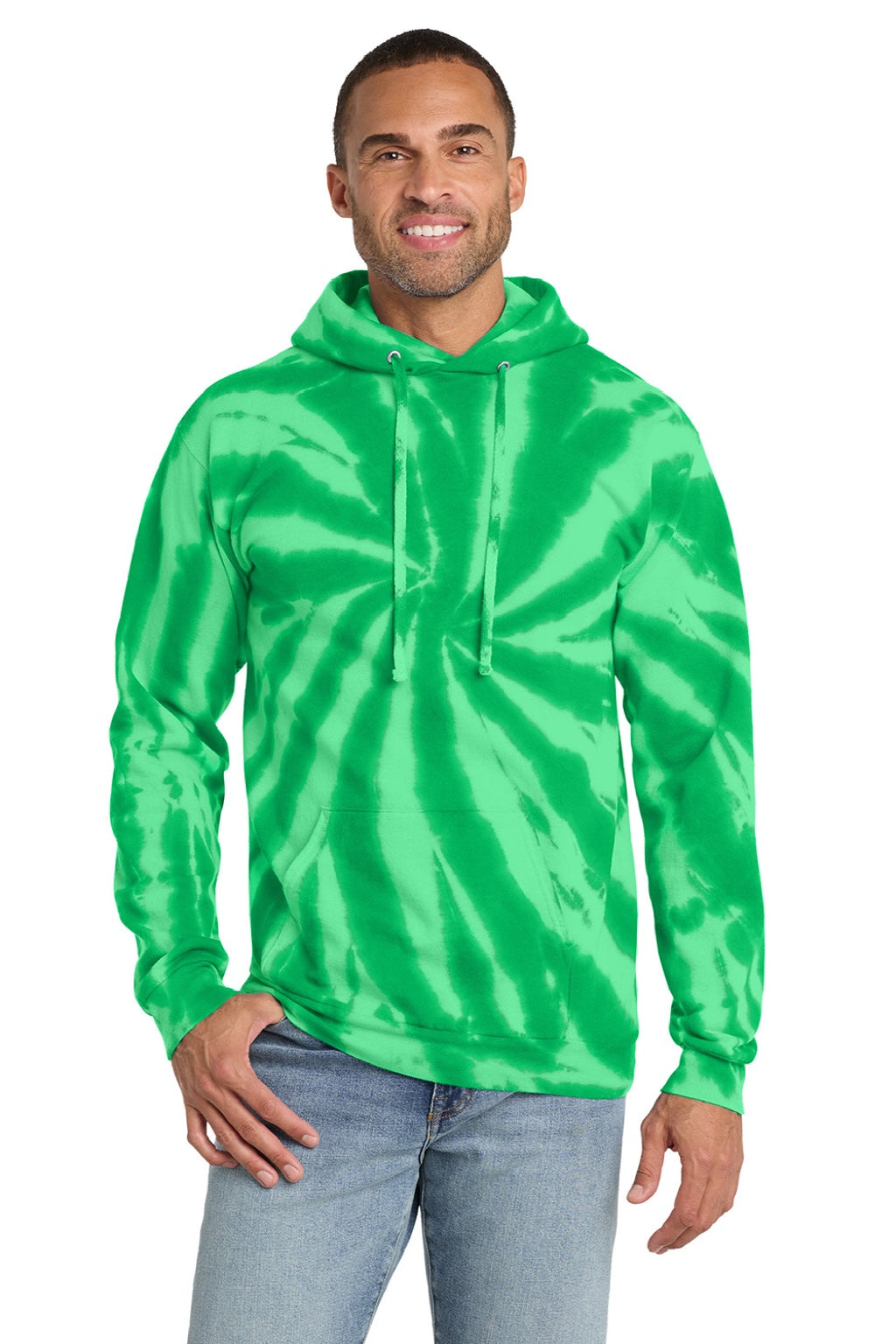Port & Company PC146 Mens Tie-Dye Fleece Hooded Sweatshirt Hoodie w/ Pouch Pocket Kelly Green Model Front