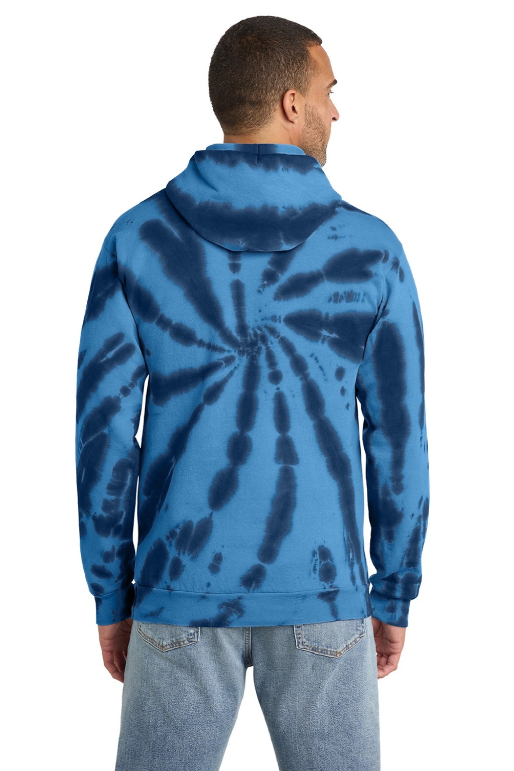 Port & Company PC146 Mens Tie-Dye Fleece Hooded Sweatshirt Hoodie w/ Pouch Pocket Navy Blue Model Back