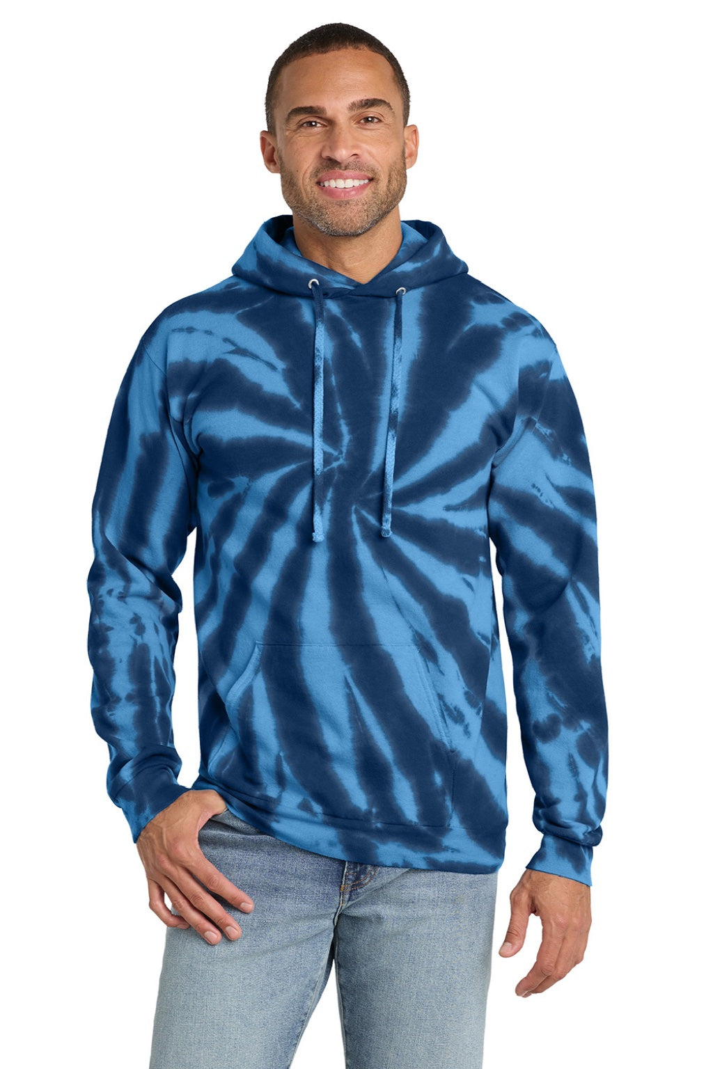 Port & Company PC146 Mens Tie-Dye Fleece Hooded Sweatshirt Hoodie w/ Pouch Pocket Navy Blue Model Front