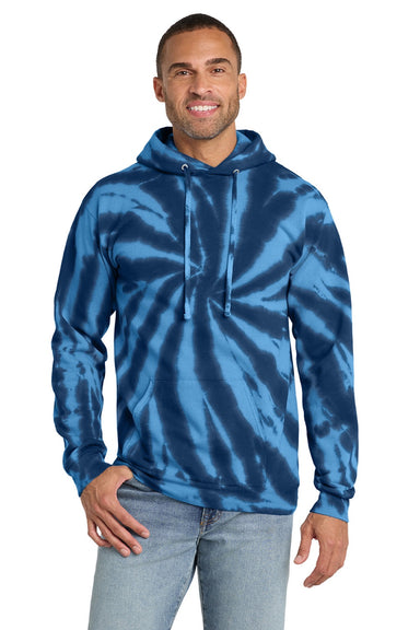 Port & Company PC146 Mens Tie-Dye Fleece Hooded Sweatshirt Hoodie w/ Pouch Pocket Navy Blue Model Front