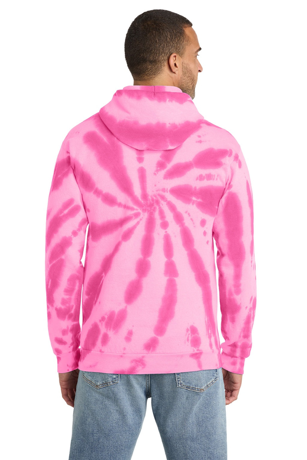 Port & Company PC146 Mens Tie-Dye Fleece Hooded Sweatshirt Hoodie w/ Pouch Pocket Pink Model Back
