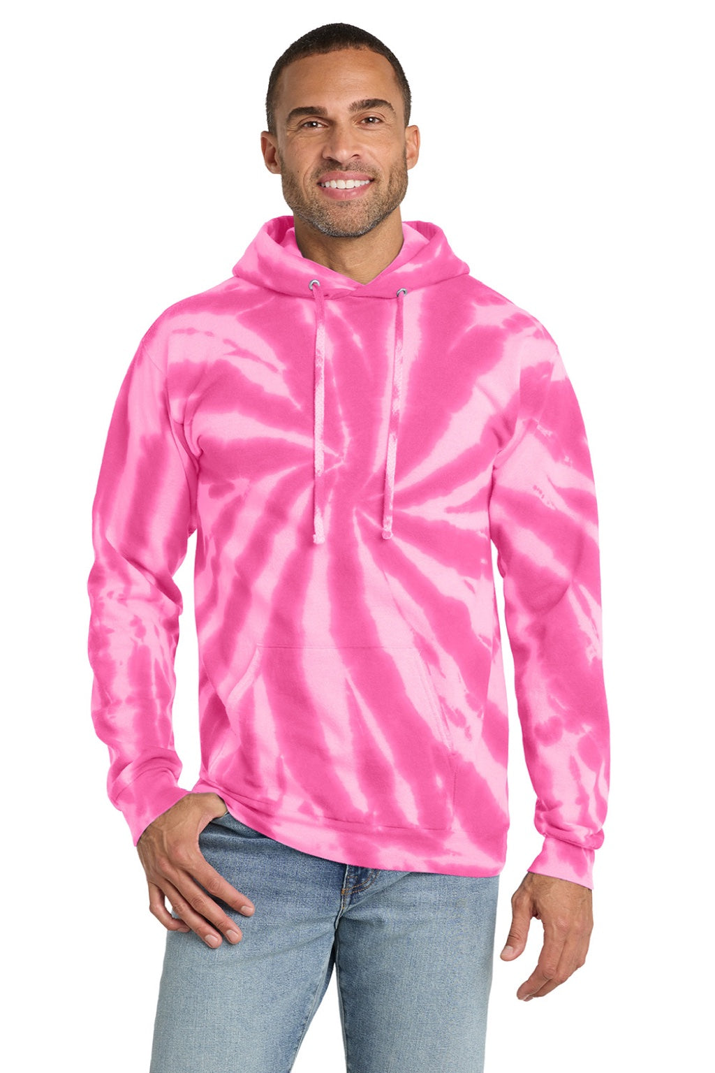 Port & Company PC146 Mens Tie-Dye Fleece Hooded Sweatshirt Hoodie w/ Pouch Pocket Pink Model Front