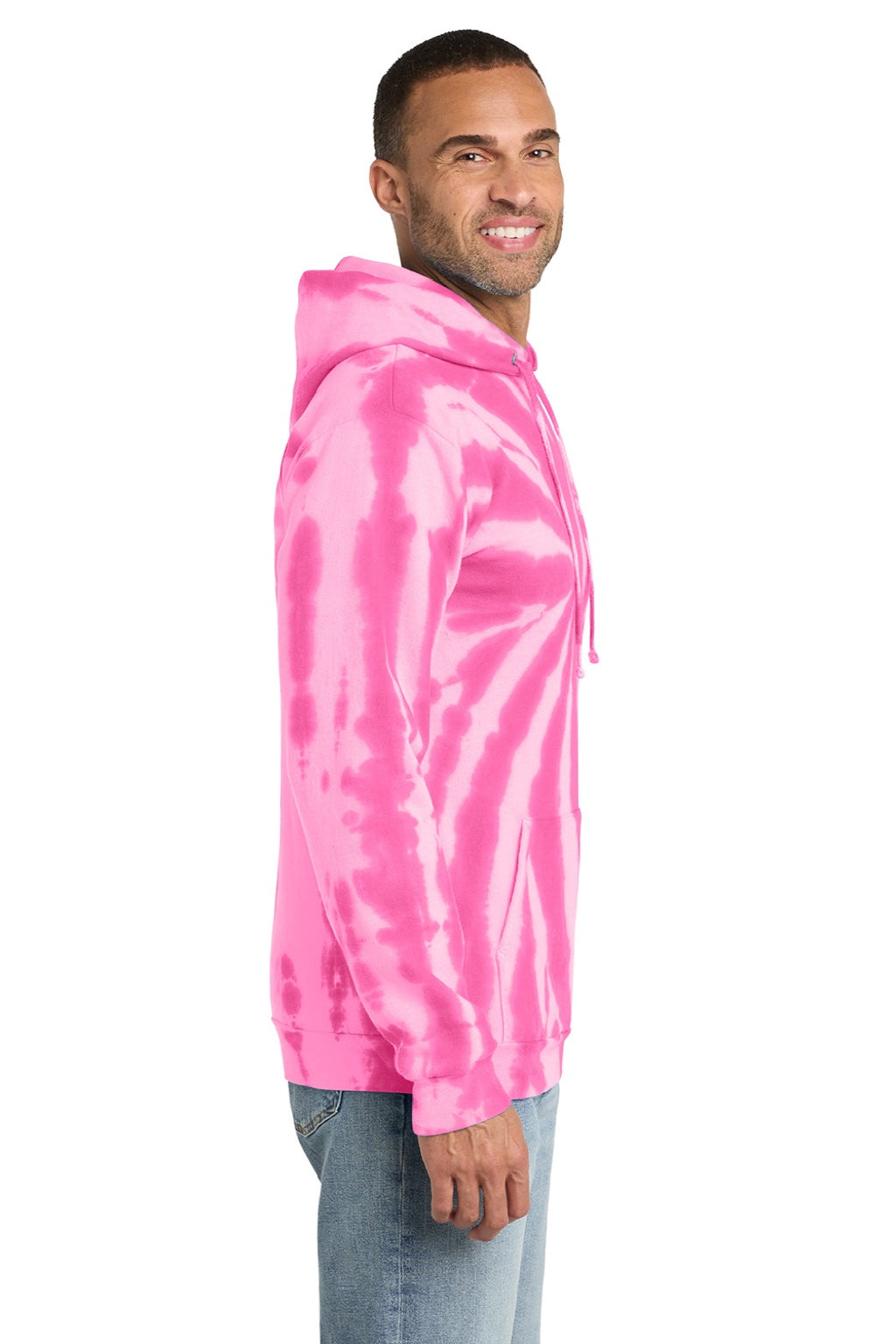 Port & Company PC146 Mens Tie-Dye Fleece Hooded Sweatshirt Hoodie w/ Pouch Pocket Pink Model Side