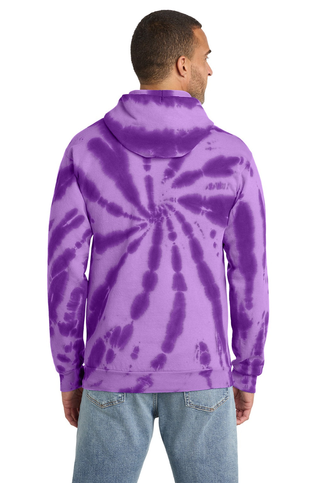 Port & Company PC146 Mens Tie-Dye Fleece Hooded Sweatshirt Hoodie w/ Pouch Pocket Purple Model Back