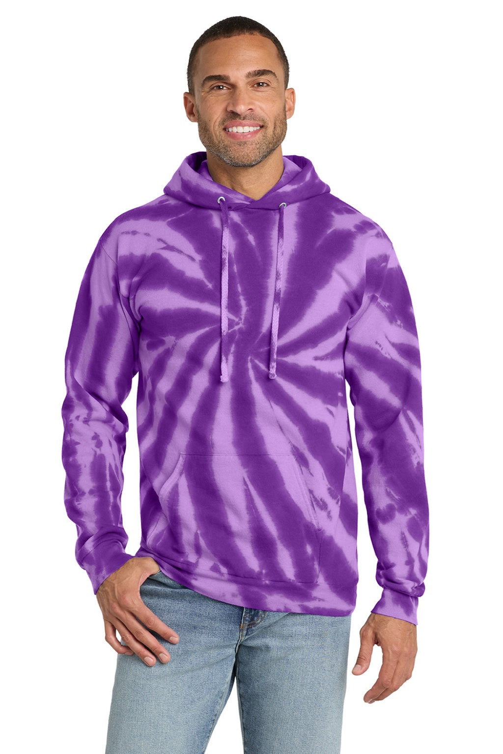 Port & Company PC146 Mens Tie-Dye Fleece Hooded Sweatshirt Hoodie w/ Pouch Pocket Purple Model Front