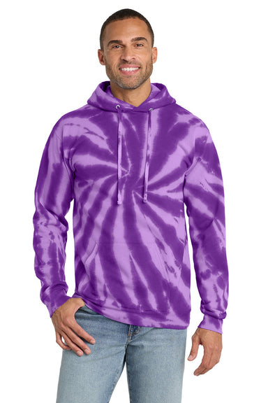 Port & Company PC146 Mens Tie-Dye Fleece Hooded Sweatshirt Hoodie w/ Pouch Pocket Purple Model Front