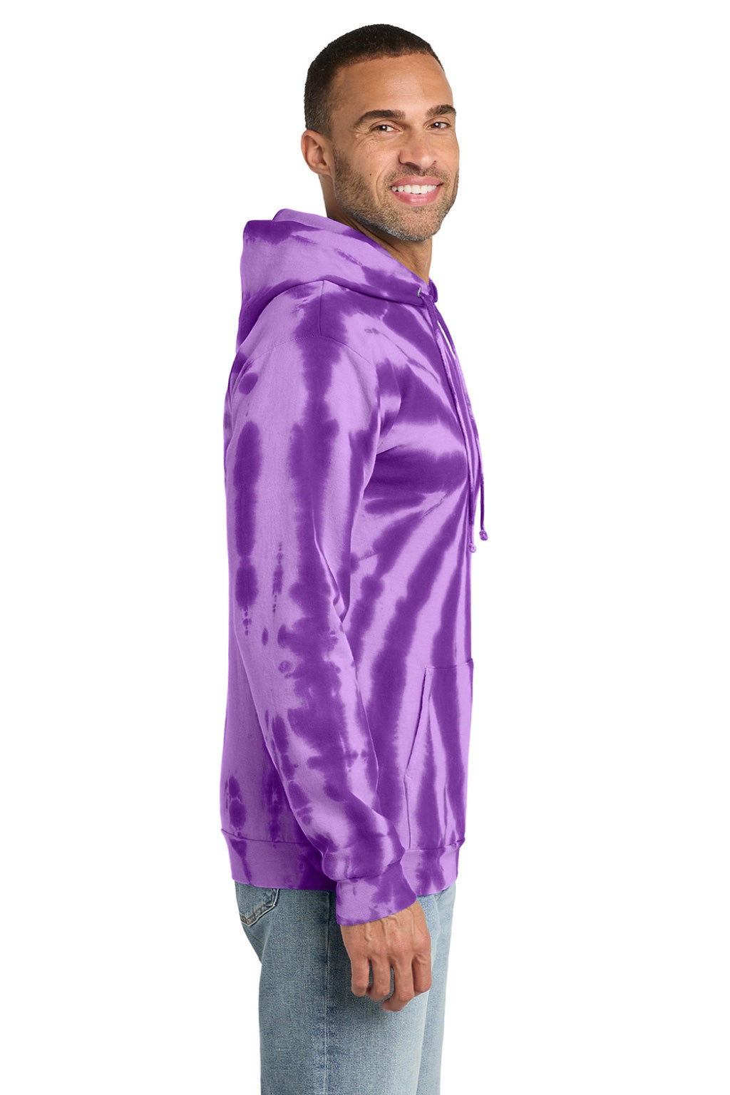 Port & Company PC146 Mens Tie-Dye Fleece Hooded Sweatshirt Hoodie w/ Pouch Pocket Purple Model Side