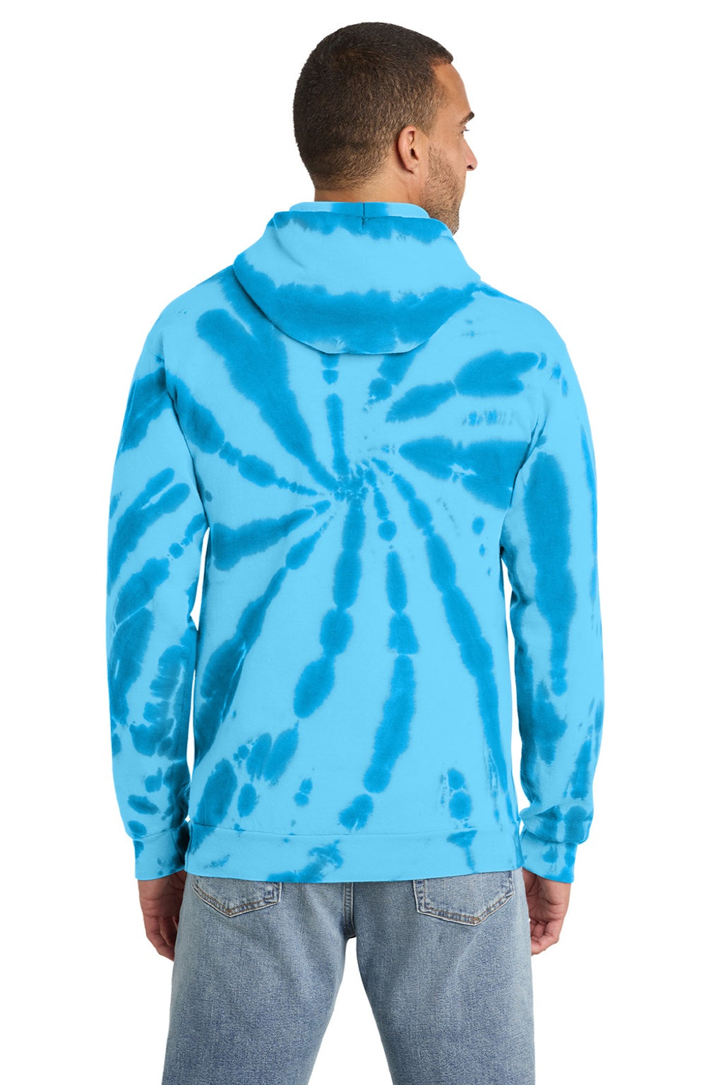 Port & Company PC146 Mens Tie-Dye Fleece Hooded Sweatshirt Hoodie w/ Pouch Pocket Turquoise Blue Model Back