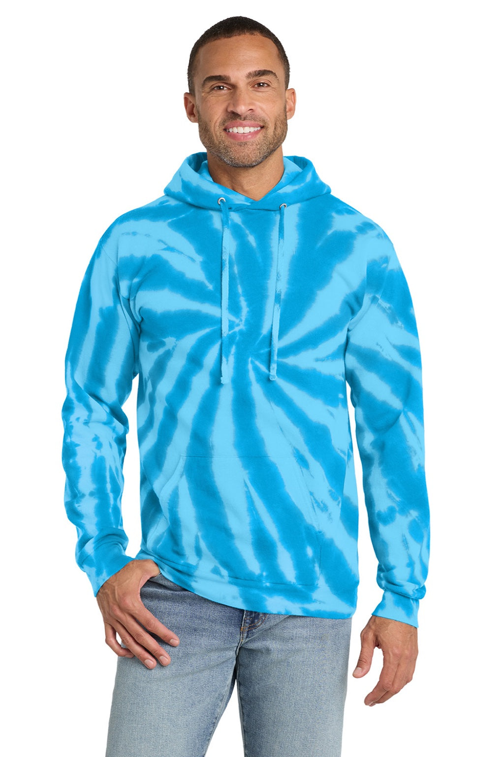 Port & Company PC146 Mens Tie-Dye Fleece Hooded Sweatshirt Hoodie w/ Pouch Pocket Turquoise Blue Model Front