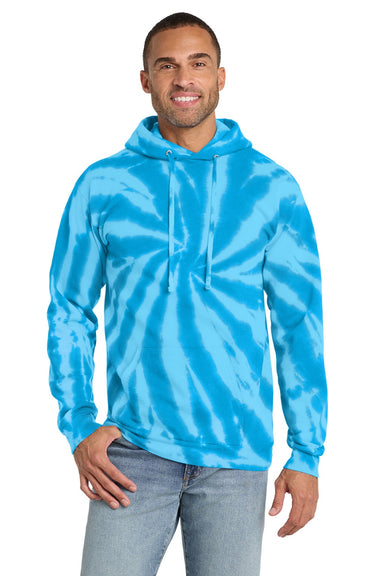 Port & Company PC146 Mens Tie-Dye Fleece Hooded Sweatshirt Hoodie w/ Pouch Pocket Turquoise Blue Model Front